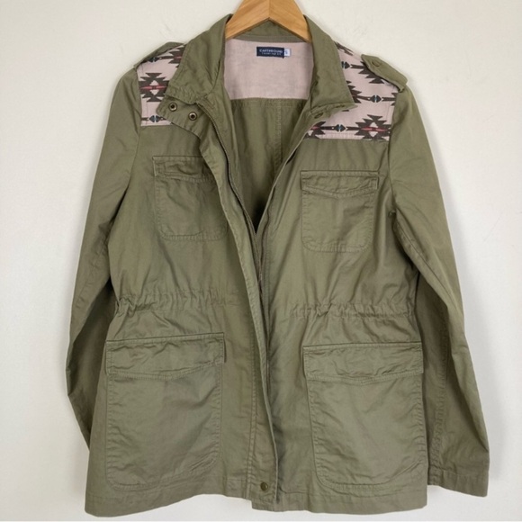 Earthbound Trading Khaki Green Utility Jacket Western Aztec Southwest Print Sz S - Picture 14 of 16